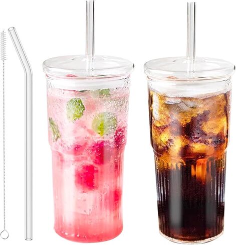 Glass Coffee Cups with Lids and Straws, 20 OZ Pink Iced Water Glasses Tumblers for Ice Juice, Tea, Milk, Smoothie and Cold or Hot Drinks, Set of 2 in Saudi Arabia