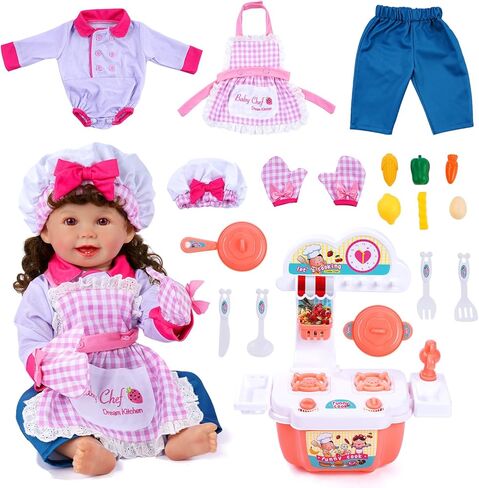 BABESIDE Reborn Baby Doll Clothes for 17-22 Inch Dolls, 18 Pcs Dolls Chef Outfit Set with Apron, Hat, Pants and Cooking Toys Set, Reborn Baby Doll Accessories for Toddler Role Play in Saudi Arabia