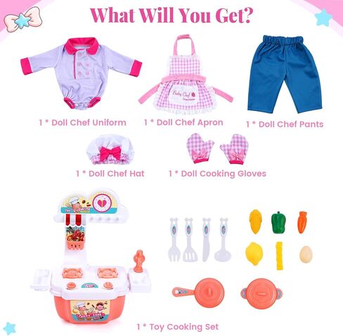 BABESIDE Reborn Baby Doll Clothes for 17-22 Inch Dolls, 18 Pcs Dolls Chef Outfit Set with Apron, Hat, Pants and Cooking Toys Set, Reborn Baby Doll Accessories for Toddler Role Play in Saudi Arabia
