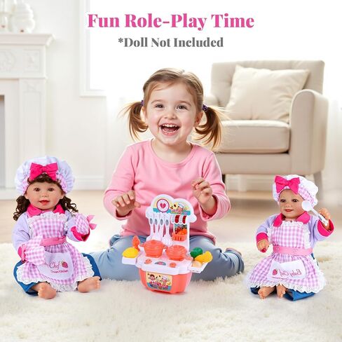 BABESIDE Reborn Baby Doll Clothes for 17-22 Inch Dolls, 18 Pcs Dolls Chef Outfit Set with Apron, Hat, Pants and Cooking Toys Set, Reborn Baby Doll Accessories for Toddler Role Play in Saudi Arabia