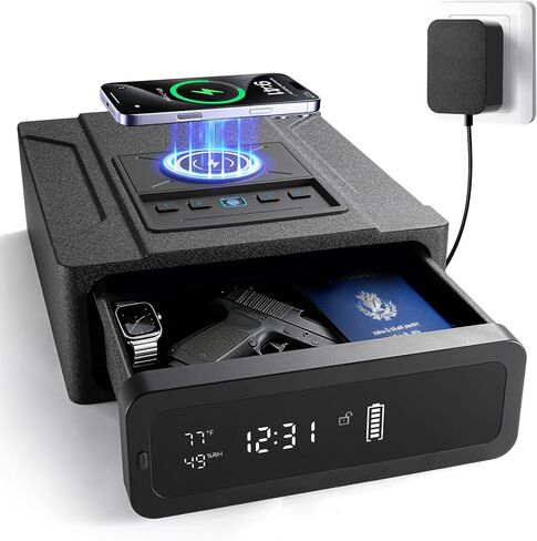 بصمة مسدس بيومترية آمنة مع شحن لاسلكي، وصول سريع آمن للمسدس مع باب منزلق تلقائي، حقيبة مسدس مع منبه رقمي 24/7 وإضاءة LED للمنزل، أسود in Kuwait