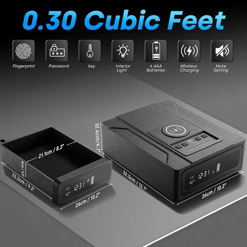 بصمة مسدس بيومترية آمنة مع شحن لاسلكي، وصول سريع آمن للمسدس مع باب منزلق تلقائي، حقيبة مسدس مع منبه رقمي 24/7 وإضاءة LED للمنزل، أسود in Kuwait