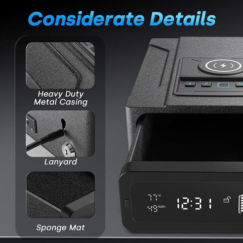 بصمة مسدس بيومترية آمنة مع شحن لاسلكي، وصول سريع آمن للمسدس مع باب منزلق تلقائي، حقيبة مسدس مع منبه رقمي 24/7 وإضاءة LED للمنزل، أسود in Kuwait