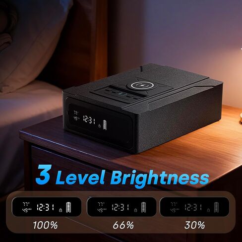 بصمة مسدس بيومترية آمنة مع شحن لاسلكي، وصول سريع آمن للمسدس مع باب منزلق تلقائي، حقيبة مسدس مع منبه رقمي 24/7 وإضاءة LED للمنزل، أسود in Kuwait