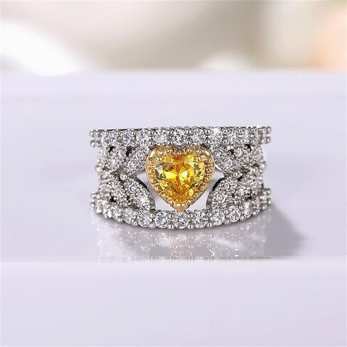 925 Sterling Silver Shiny Full Diamond Gemstone Ring 18K Gold Heart Citrine Cubic Zirconia Promise Rings CZ Diamond Multi Row Rings Eternity Engagement Wedding Party Ring for Women A.32 (US Code 6) in Saudi Arabia