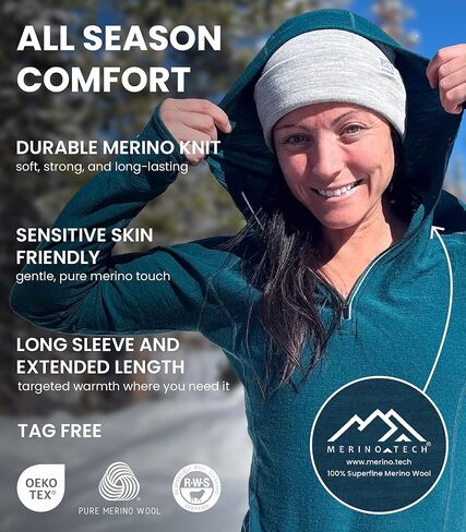 Merino.tech قميص بغطاء للرأس من صوف ميرينو للنساء - 100% طبقة أساسية من صوف ميرينو للنساء بنصف سحاب خفيف الوزن حراري بأكمام طويلة in Kuwait