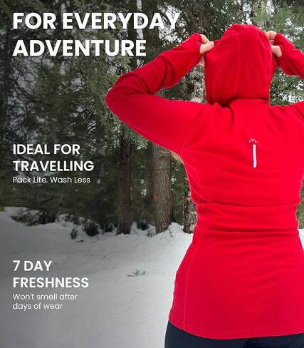 Merino.tech قميص بغطاء للرأس من صوف ميرينو للنساء - 100% طبقة أساسية من صوف ميرينو للنساء بنصف سحاب خفيف الوزن حراري بأكمام طويلة in Kuwait