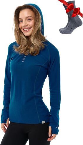 Merino.tech قميص بغطاء للرأس من صوف ميرينو للنساء - 100% طبقة أساسية من صوف ميرينو للنساء بنصف سحاب خفيف الوزن حراري بأكمام طويلة in Kuwait