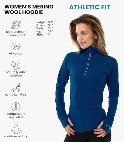 Merino.tech قميص بغطاء للرأس من صوف ميرينو للنساء - 100% طبقة أساسية من صوف ميرينو للنساء بنصف سحاب خفيف الوزن حراري بأكمام طويلة in Kuwait