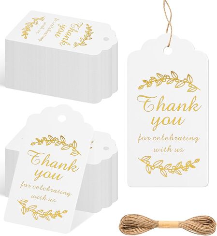 100pcs Thank You Gift Tags with String,White Paper Tags with Gold Stamp,1.77 x 3.74 Inches Hanging Label for DIY, Wedding, Birthday, Bridal Shower, Teacher Appreciation,Party Gift Wrapping. in Saudi Arabia