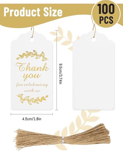 100pcs Thank You Gift Tags with String,White Paper Tags with Gold Stamp,1.77 x 3.74 Inches Hanging Label for DIY, Wedding, Birthday, Bridal Shower, Teacher Appreciation,Party Gift Wrapping. in Saudi Arabia