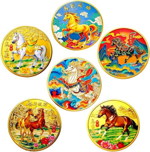 6 قطع من عملات الحظ السعيد، مخلوقات أسطورية آسيوية قديمة، 5 لونج وأسماك كوي، مجموعات عملات محظوظة لتذكرة اليانصيب، أداة خدش عملات معدنية جديدة لهدايا مجموعة ثروة المكتب (الحصان) in Kuwait