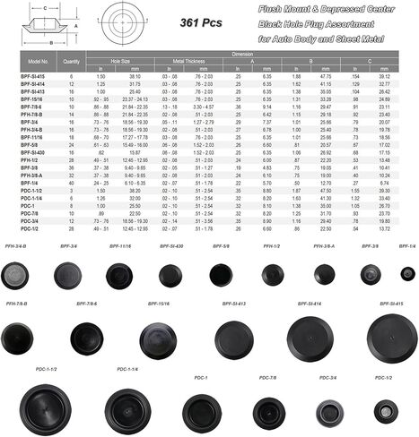 60pcs Flush Mount Black Hole Plug Assortment for Auto Body and Sheet Metal BPF Series Fit Hole Sizes 1/4, 3/8, 1/2, 5/8, 11/16, 3/4, 7/8, 15/16, 2-1/8 inch Flush Head Type Plastic Plug Button in Saudi Arabia