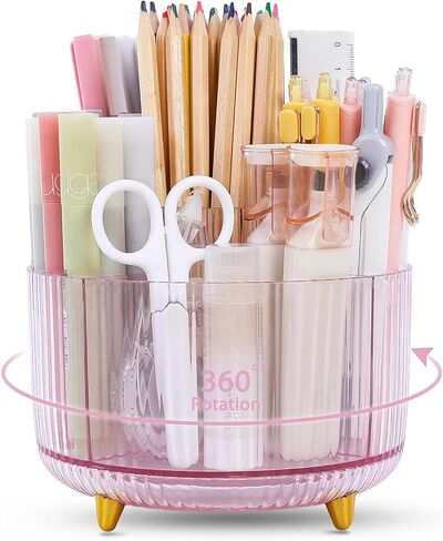 SKYDUE Rotating Pencil Pen Holder, Pen Organizer with 5 Slots - Aesthetic Desk Organizer and Accessories for School, Home, Office Supplies, Clear Pink in Saudi Arabia