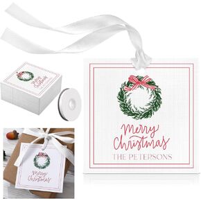 AmazingSpark 100 Pack Christmas Gift Tags with 75.5ft Ribbon Merry Christmas Wreath Paper Gift Tags Hanging Holiday Present Wrap for Xmas Present Wrapping DIY Crafts Party Favor in Kuwait