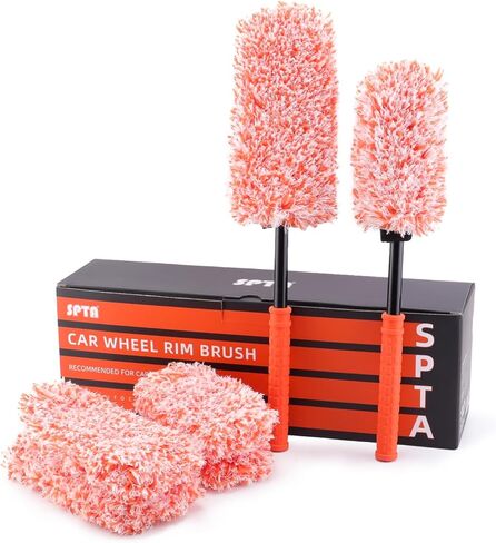 SPTA Microfiber Wheel Brush, Removable Car Wheel Cleaning Brush with 2 Interchangeable Microfiber Covers, Bendable, Firm Rim Cleaner Brush for Wheel Cleaning, Long Non-Slip Handle and Flat Head in Saudi Arabia