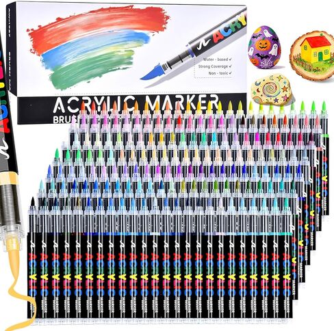 72 Colors Acrylic Paint Markers, Colored Paint Pens Brush Tip with Direct-Liquid Ink Control System, Water-Based Coloring Markers Set for Pumpkin Decorating Kit, Rock, Fabric, Wood, Wood, Art Supplies in Kuwait