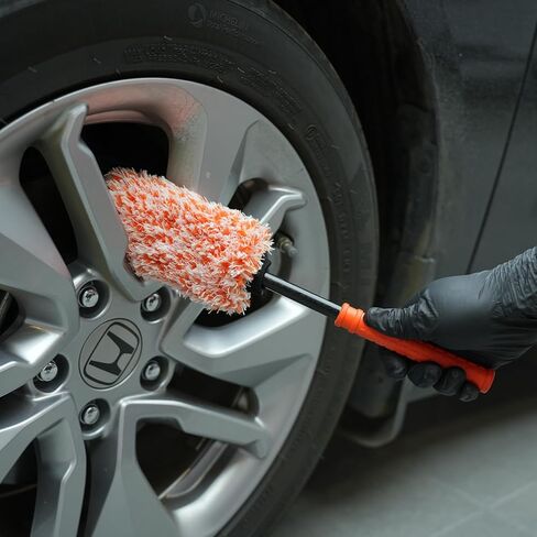 SPTA Microfiber Wheel Brush, Removable Car Wheel Cleaning Brush with 2 Interchangeable Microfiber Covers, Bendable, Firm Rim Cleaner Brush for Wheel Cleaning, Long Non-Slip Handle and Flat Head in Saudi Arabia