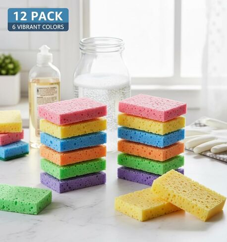 Chuangdi 12 Pcs Sponges Kitchen Bulk Non Scratch Cellulose Sponges Kitchen Assorted Colors Kitchen Sponges for Washing Dishes, 4.7 x 3 INCH(1.5 cm in Thickness) in Saudi Arabia
