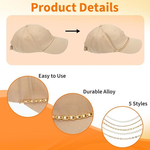TIESOME 5 قطع سلاسل قبعة سائق الشاحنة، 5 أنماط معدنية/لؤلؤة قبعة سائق الشاحنة بيل سلاسل قبعة سائق الشاحنة سحر سلاسل قبعات البيسبول للنساء والرجال DIY شبكة قبعة بيسبول إكسسوارات الديكور in Kuwait