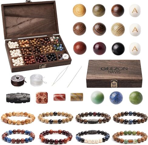 Geezon Navis Bracelet Making Kit - 10mm Natural Wooden Beads with Letters & Stone Beads - 296pcs in 16 Colors - DIY Jewelry Making Starter Kit Adult Men Women Birthday Gift Craft in Saudi Arabia