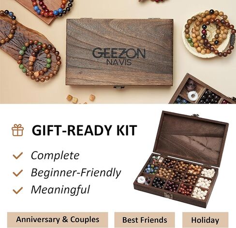 Geezon Navis Bracelet Making Kit - 10mm Natural Wooden Beads with Letters & Stone Beads - 296pcs in 16 Colors - DIY Jewelry Making Starter Kit Adult Men Women Birthday Gift Craft in Saudi Arabia
