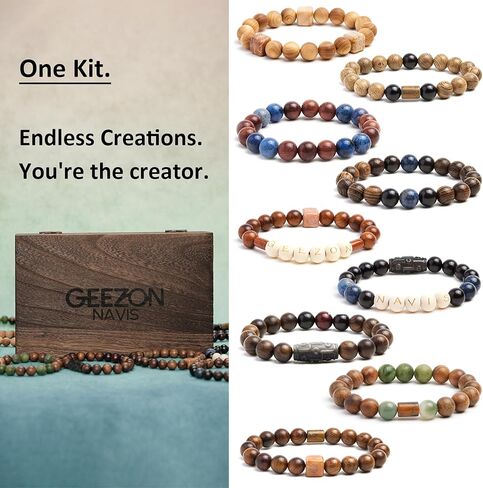 Geezon Navis Bracelet Making Kit - 10mm Natural Wooden Beads with Letters & Stone Beads - 296pcs in 16 Colors - DIY Jewelry Making Starter Kit Adult Men Women Birthday Gift Craft in Saudi Arabia