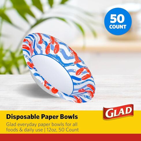 Glad Everyday Round Disposable Paper Bowls with Lobster Waves Design,| Cut-Resistant, Microwavable Paper Plates for All Foods & Daily Use | 12oz, 50 Count in Kuwait