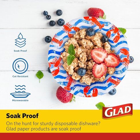 Glad Everyday Round Disposable Paper Bowls with Lobster Waves Design,| Cut-Resistant, Microwavable Paper Plates for All Foods & Daily Use | 12oz, 50 Count in Kuwait
