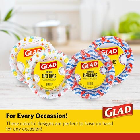 Glad Everyday Round Disposable Paper Bowls with Lobster Waves Design,| Cut-Resistant, Microwavable Paper Plates for All Foods & Daily Use | 12oz, 50 Count in Kuwait