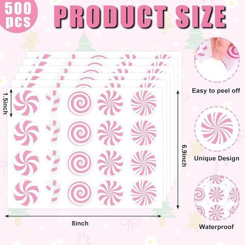 500 Pcs Christmas Candy Cane Stickers Pink Paper Decals Peppermint Candy Self-Adhesive Stickers for Envelopes Scrapbook Gifts DIY, 1.5 in in Saudi Arabia