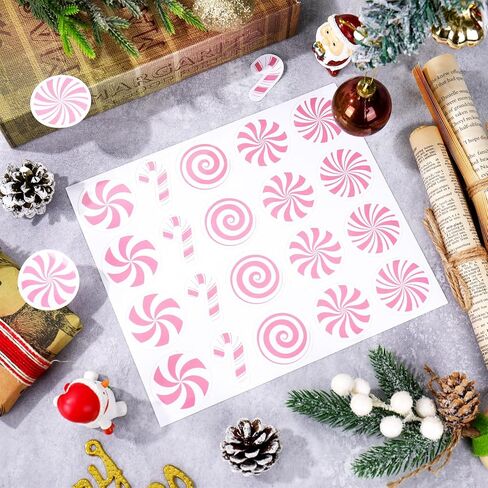 500 Pcs Christmas Candy Cane Stickers Pink Paper Decals Peppermint Candy Self-Adhesive Stickers for Envelopes Scrapbook Gifts DIY, 1.5 in in Saudi Arabia