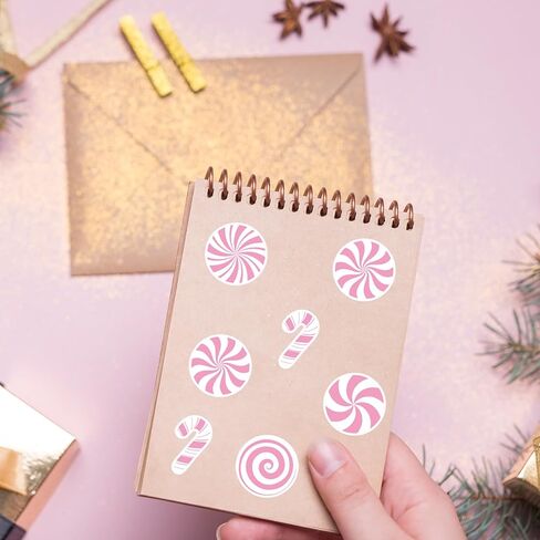 500 Pcs Christmas Candy Cane Stickers Pink Paper Decals Peppermint Candy Self-Adhesive Stickers for Envelopes Scrapbook Gifts DIY, 1.5 in in Saudi Arabia