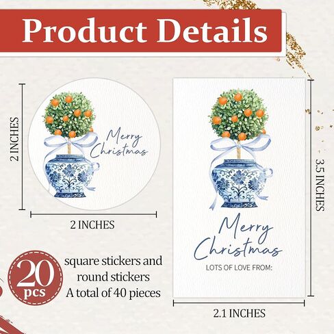 Christmas Gift Stickers, Chinoiserie Name Labels with Orange Tree Vase, 20 Round & 20 Rectangle, Fits for Xmas Party Decor, Gift Wrapping, Envelopes Seals, Handcraft, Minimalist-A28 in Saudi Arabia