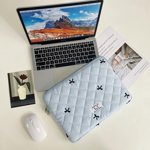 13-14 inch Cute Bow Graphic Carrying Laptop Bag, 13.6 inch Puffy Laptop Sleeve Case, Compatible with MacBook Air/Pro 13 14, HP Acer Dell ASUS Lenovo, Quilted Computer Bag with Zipper, Blue in Saudi Arabia
