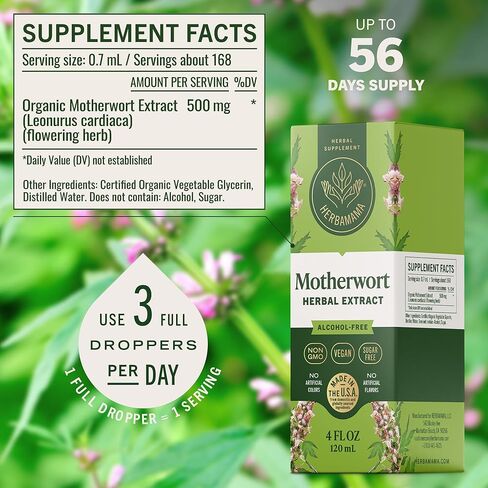 HERBAMAMA Motherwort Tincture - Calming Drops for Women's Wellness - Motherwort Herb Extract Vegan Women's Supplements - Alcohol & Sugar-Free, 56-Day Supply in Kuwait