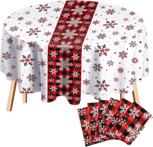6 Pcs Round Christmas Tablecloth 84 Inch Plastic Christmas Tree Snowman Snowflake Tablecloth Disposable Xmas Holiday Table Cover for Party Picnic Dinner Kitchen Decor (Snowflake) in Kuwait