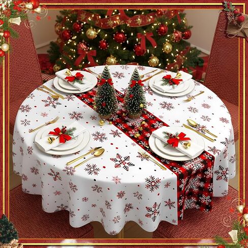 6 Pcs Round Christmas Tablecloth 84 Inch Plastic Christmas Tree Snowman Snowflake Tablecloth Disposable Xmas Holiday Table Cover for Party Picnic Dinner Kitchen Decor (Snowflake) in Kuwait