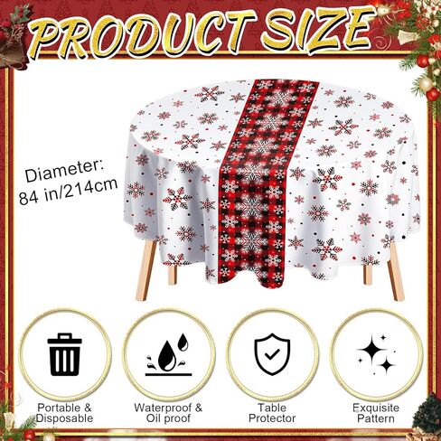 6 Pcs Round Christmas Tablecloth 84 Inch Plastic Christmas Tree Snowman Snowflake Tablecloth Disposable Xmas Holiday Table Cover for Party Picnic Dinner Kitchen Decor (Snowflake) in Kuwait