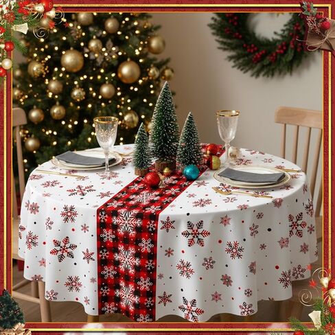 6 Pcs Round Christmas Tablecloth 84 Inch Plastic Christmas Tree Snowman Snowflake Tablecloth Disposable Xmas Holiday Table Cover for Party Picnic Dinner Kitchen Decor (Snowflake) in Kuwait