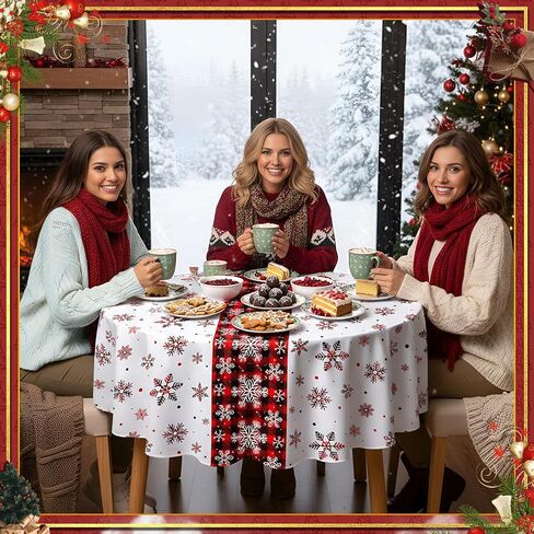 6 Pcs Round Christmas Tablecloth 84 Inch Plastic Christmas Tree Snowman Snowflake Tablecloth Disposable Xmas Holiday Table Cover for Party Picnic Dinner Kitchen Decor (Snowflake) in Kuwait