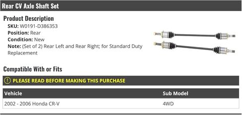 مجموعة عمود محور السيرة الذاتية الخلفية مكونة من 2 - متوافقة مع 2002-2006 Honda CR-V 4WD in Kuwait