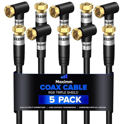 RG6 COAXIAL Cable with 90° Angled Connector - 4ft / Black / 2 Pack - Triple Shielded, Non-Oxygen Copper Cable Wire for TV, Internet & More - Flexible Coax Cable Cord in Saudi Arabia