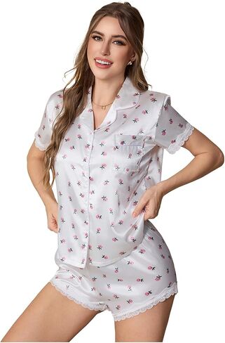 Verdusa Women's 2 Piece Satin Pajamas Short Sleeve Button Down Top and Shorts Set in Saudi Arabia