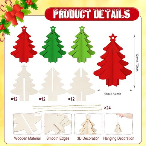 Chunful 36 Pcs DIY Christmas Wood Crafts to Paint 3D Unfinished Wooden Ornaments Christmas Hanging Cutouts Blank Hollow Wood Gingerbread Man Holiday Wooden Slice for Xmas Tree Decorations in Saudi Arabia