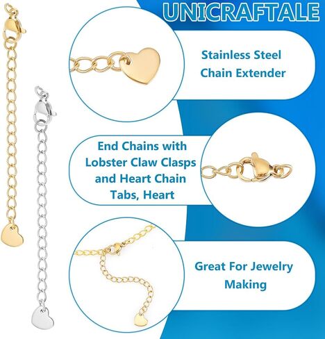 UNICRAFTALE 20 قطعة 2 ألوان 75 مم سلسلة موسع 304 الفولاذ المقاوم للصدأ سلسلة تمديد مجموعات قلادة موسع سلاسل نهاية سلاسل تمديد ذيول مع المشابك وسحر القلب الصغير لصنع المجوهرات قلادة in Saudi Arabia