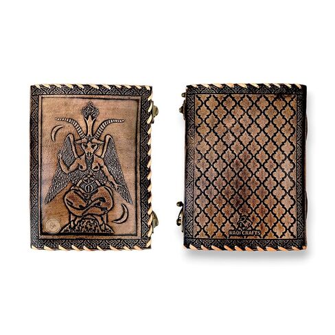RAQI CRAFTS premium handmade leather journal – Embossed Sigil of Baphomet, Satanic Book of Shadows design, Perfect for spells, travel diary, or vintage-style gift, 8x6in Brushed Bronze color in Saudi Arabia