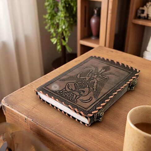 RAQI CRAFTS premium handmade leather journal – Embossed Sigil of Baphomet, Satanic Book of Shadows design, Perfect for spells, travel diary, or vintage-style gift, 8x6in Brushed Bronze color in Saudi Arabia