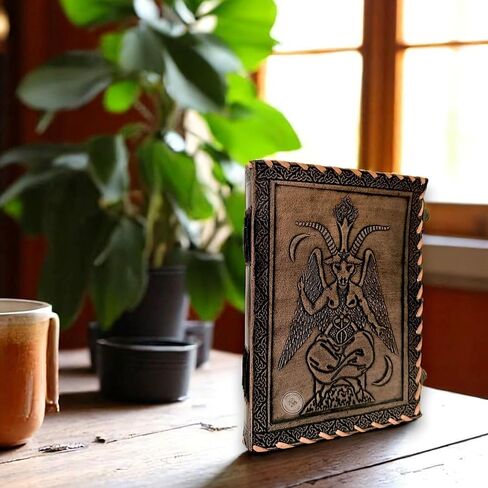 RAQI CRAFTS premium handmade leather journal – Embossed Sigil of Baphomet, Satanic Book of Shadows design, Perfect for spells, travel diary, or vintage-style gift, 8x6in Brushed Bronze color in Saudi Arabia