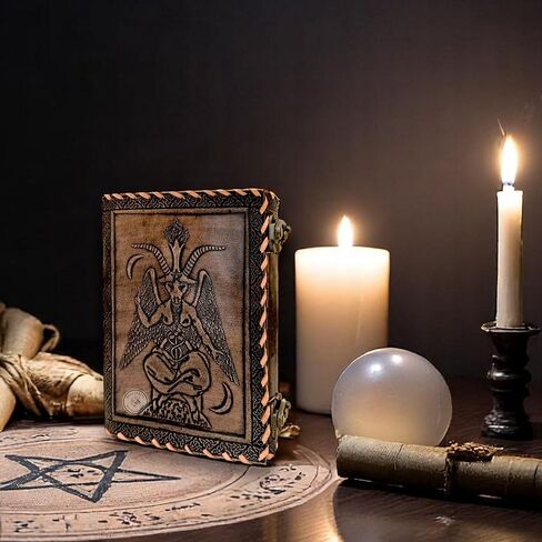 RAQI CRAFTS premium handmade leather journal – Embossed Sigil of Baphomet, Satanic Book of Shadows design, Perfect for spells, travel diary, or vintage-style gift, 8x6in Brushed Bronze color in Saudi Arabia
